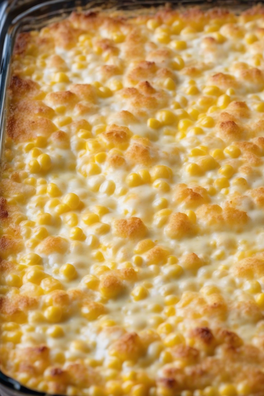 A close-up photo of cheesy sweet cream corn casserole fresh from the oven, bubbly with melted cheese and crispy top, under soft lighting.