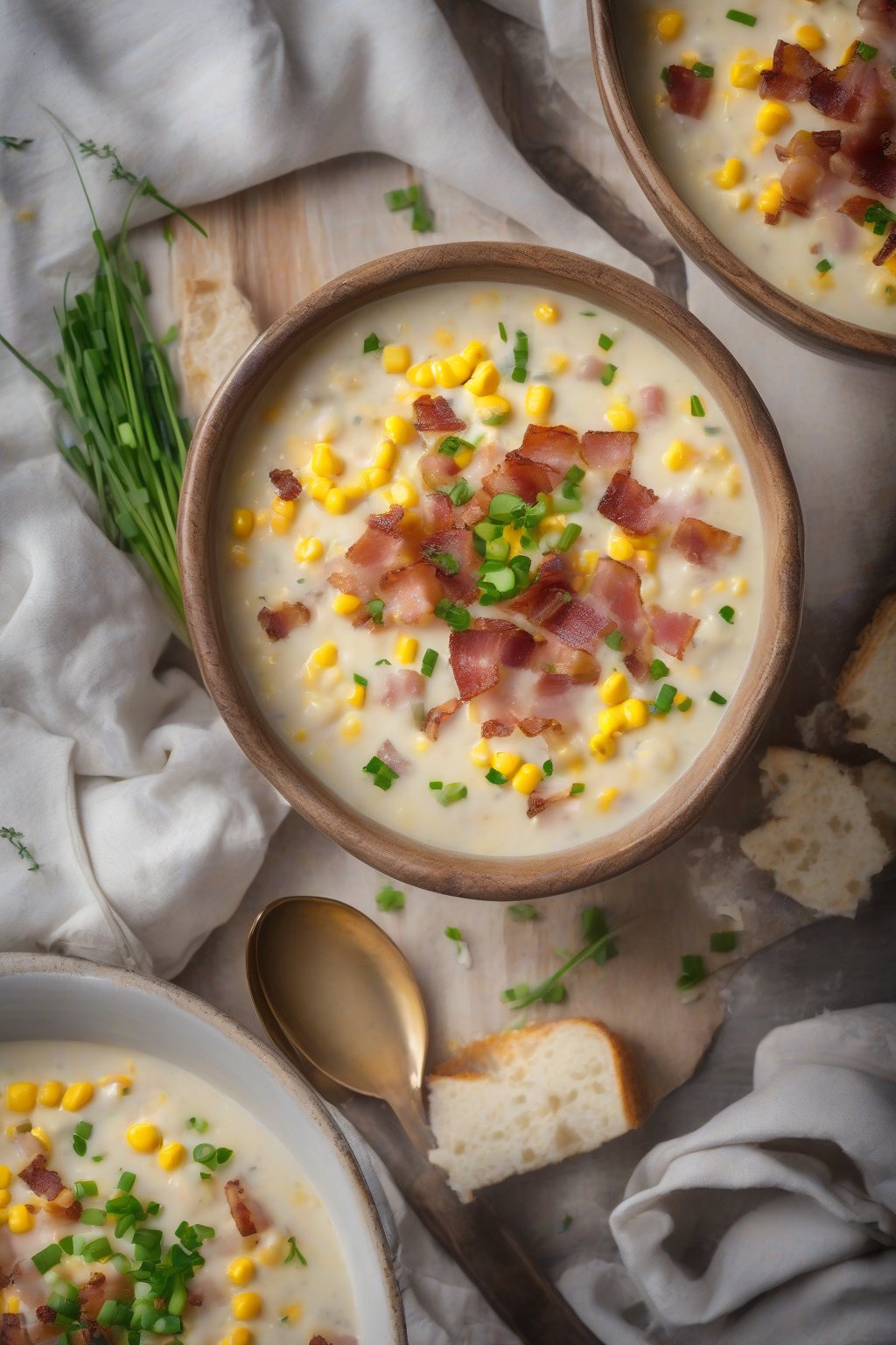 A high-resolution photo of sweet cream corn chowder in a rustic bowl, topped with bacon bits and chives, steam rising under soft lighting.
