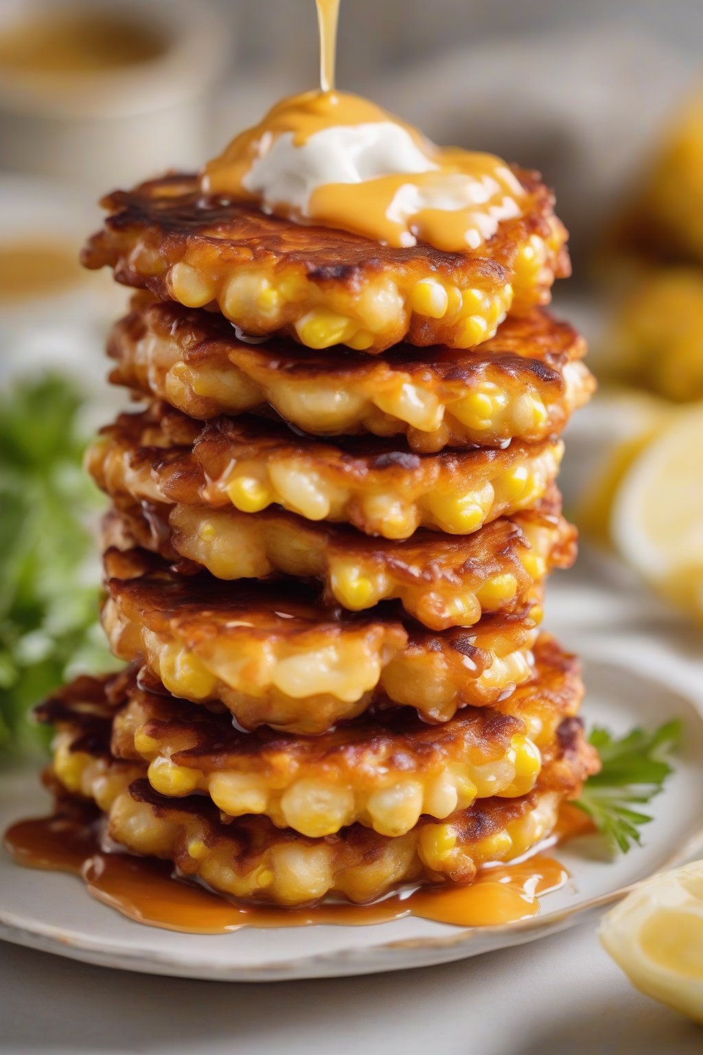 A close-up photo of golden sweet cream corn fritters stacked on a plate, drizzled with sauce, under soft lighting.
