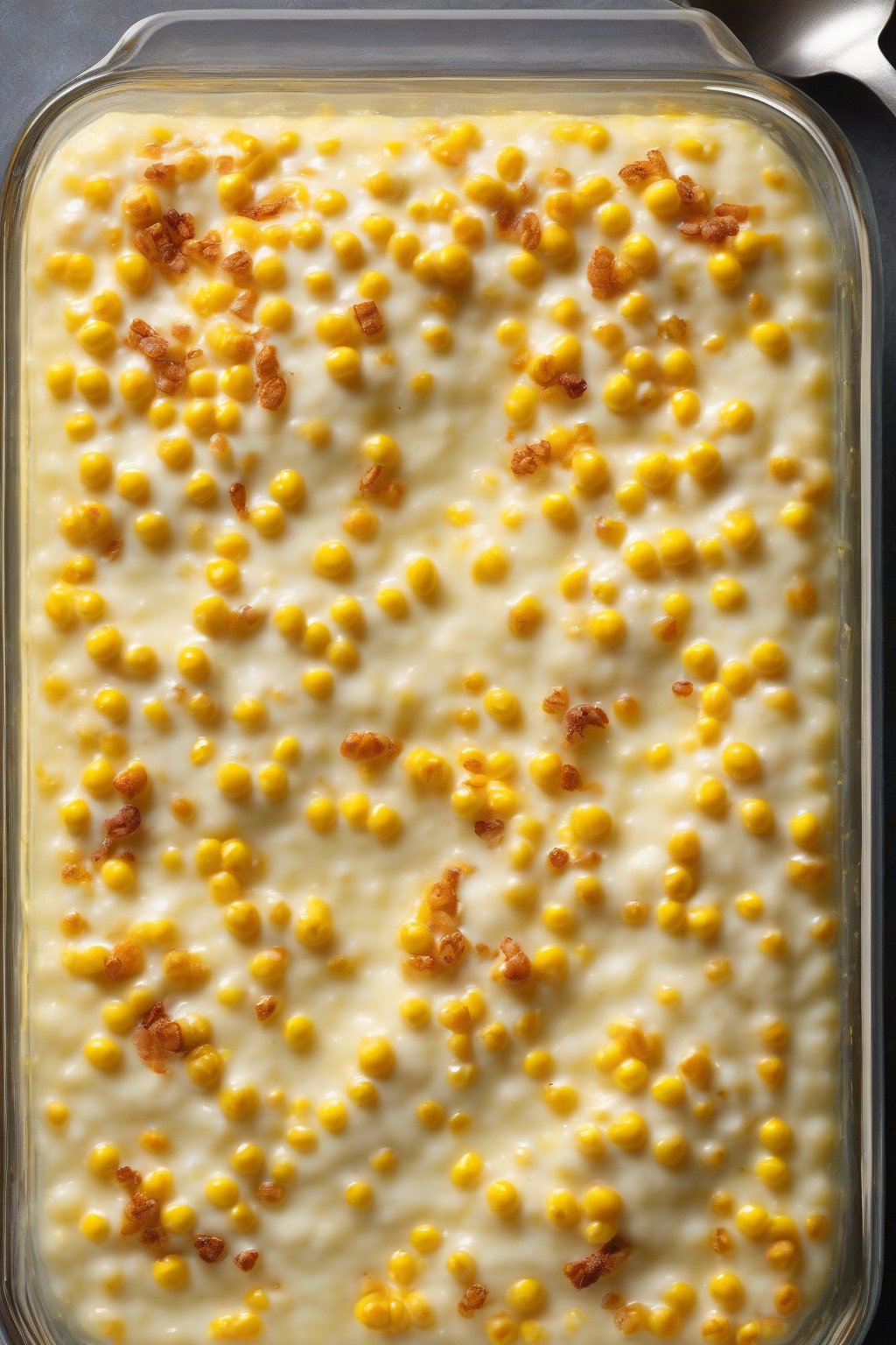 A high-resolution photo of sweet cream corn pudding in a glass dish, smooth and jiggly with a sprinkle of nutmeg, under soft lighting.