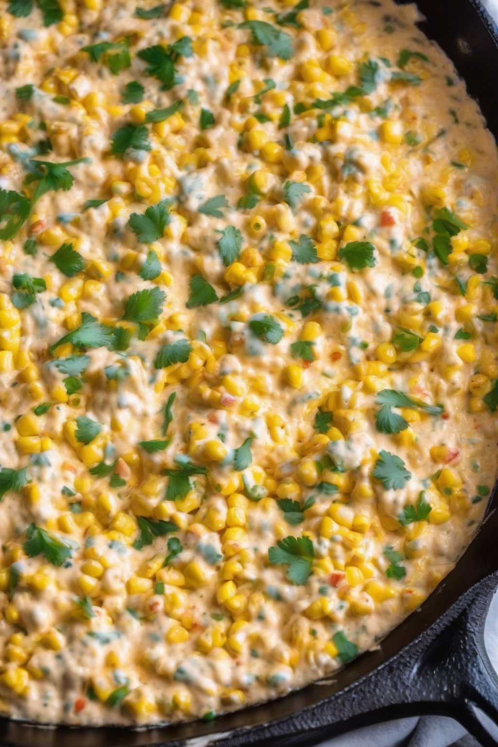 A close-up photo of spicy sweet cream corn dip in a cast-iron skillet, melty with tortilla chips around it, under soft lighting.