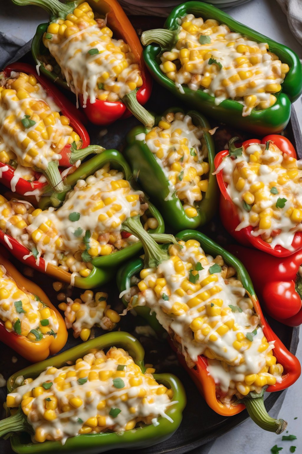 A high-resolution photo of sweet cream corn stuffed peppers on a platter, halved and topped with cheese, under soft lighting.