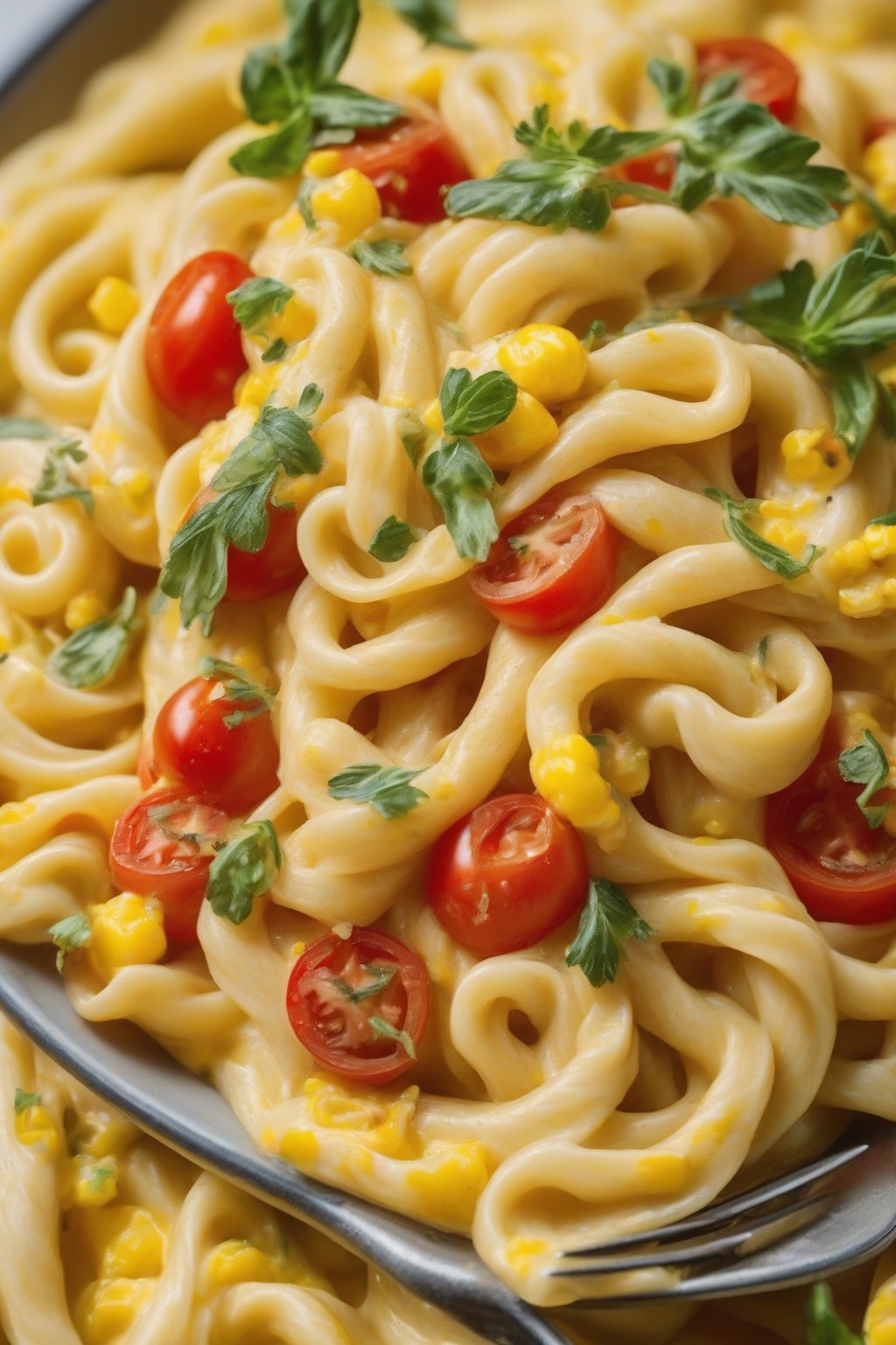 A close-up photo of sweet cream corn pasta twirled on a fork, vibrant yellow sauce with tomatoes, under soft lighting.