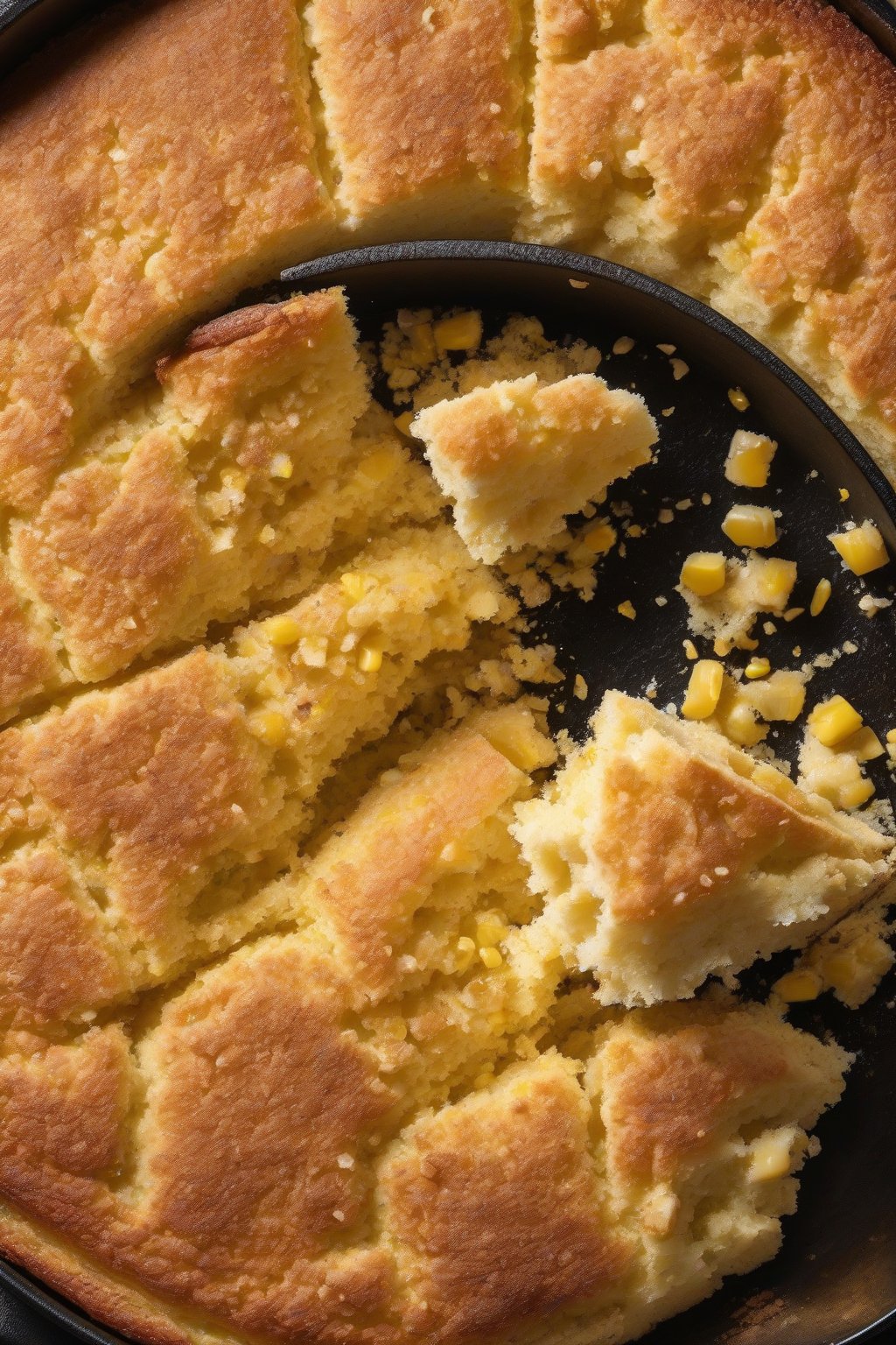 A high-resolution photo of sweet cream corn bread sliced in a cast-iron pan, buttery crumbs and kernels visible, under soft lighting.