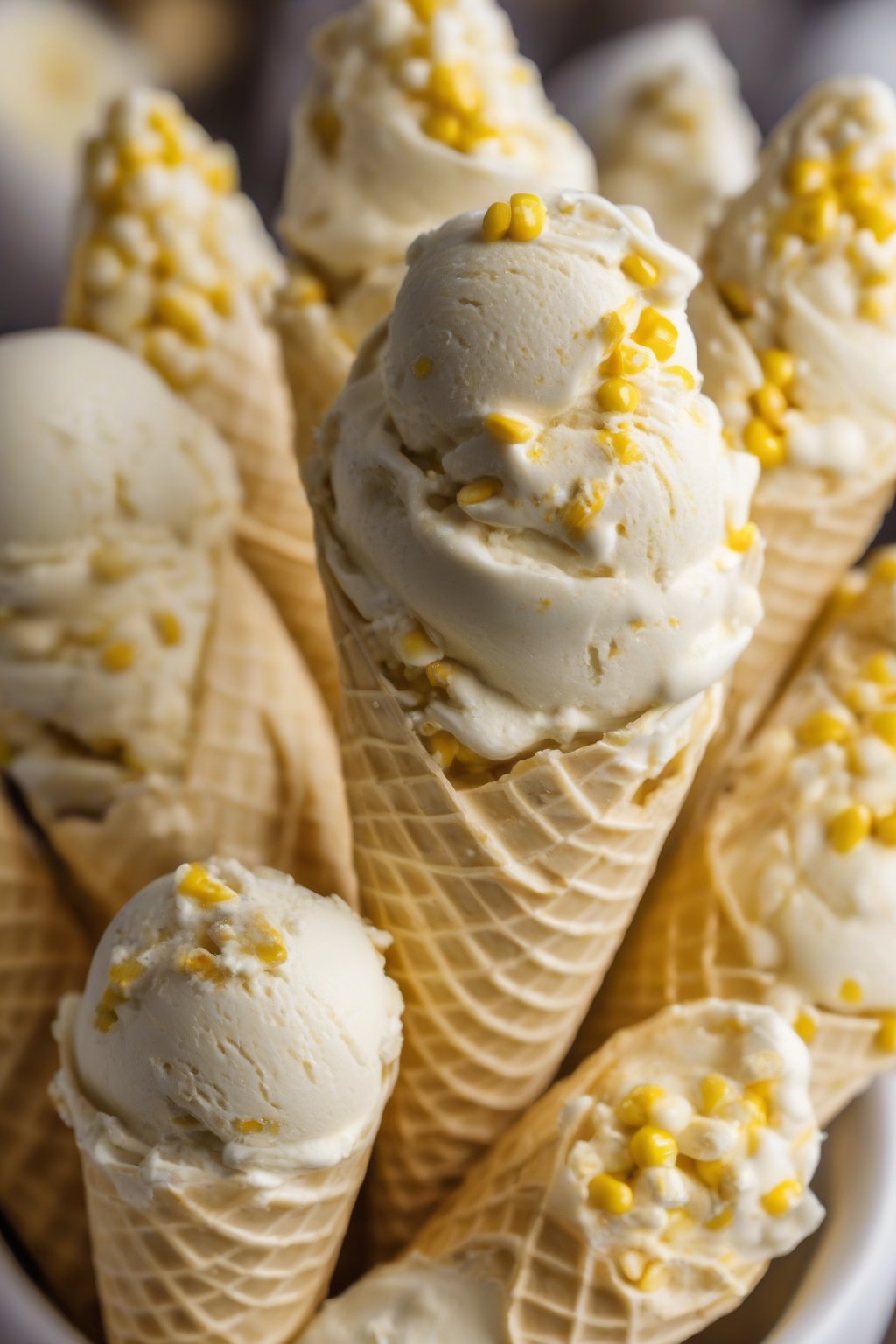 A close-up photo of sweet cream corn ice cream in a cone, creamy pale yellow with corn flecks, under soft lighting.