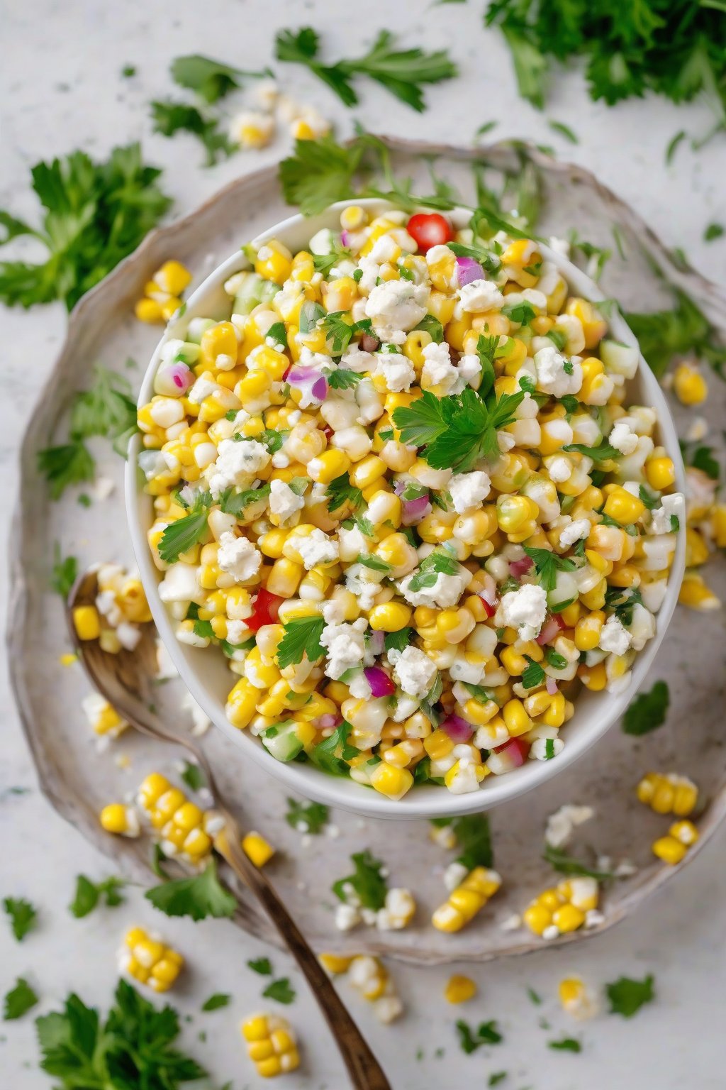 A high-resolution photo of sweet cream corn salad in a white bowl, colorful with feta crumbles and herbs, under soft lighting.