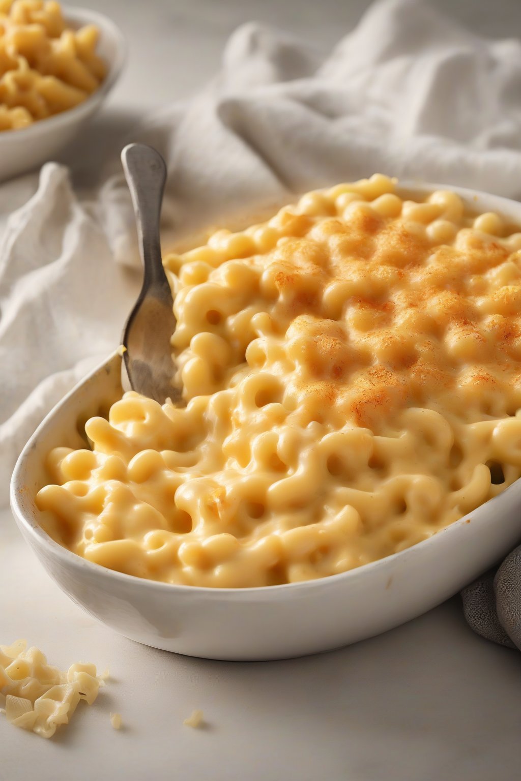 A high-resolution photo of a steaming bowl of classic stovetop creamy mac and cheese topped with melted cheddar under soft lighting.