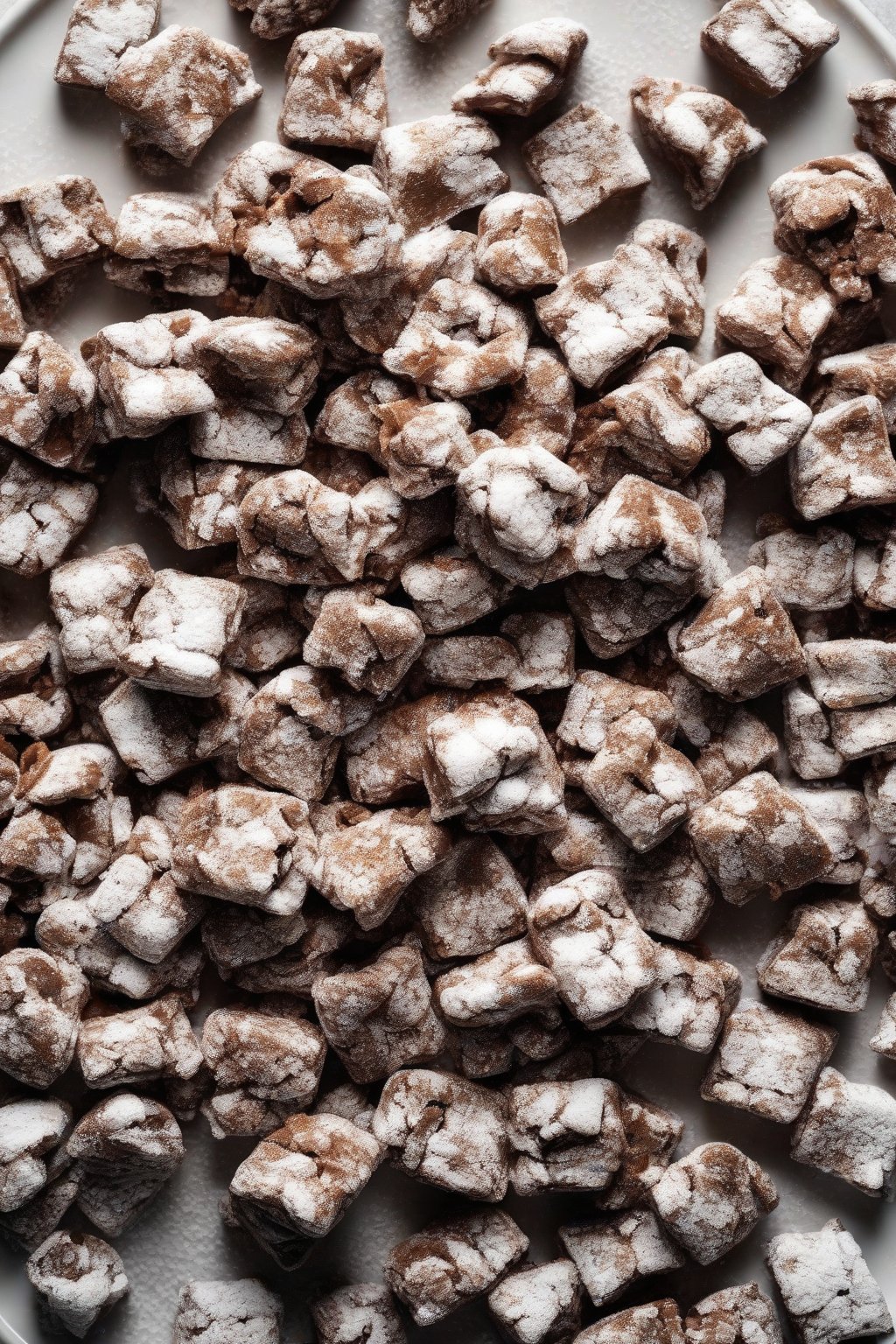 A high-resolution photo of classic chocolate peanut butter Puppy Chow scattered on a white plate, dusted with powdered sugar under soft lighting.