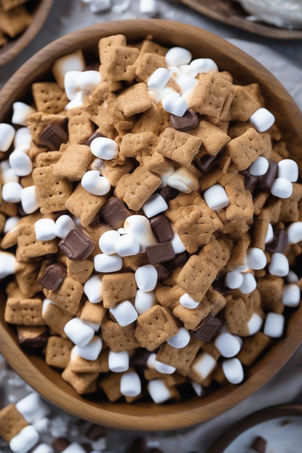 A high-resolution photo of S'mores Puppy Chow piled in a rustic bowl with graham cracker crumbs and mini marshmallows under soft lighting.