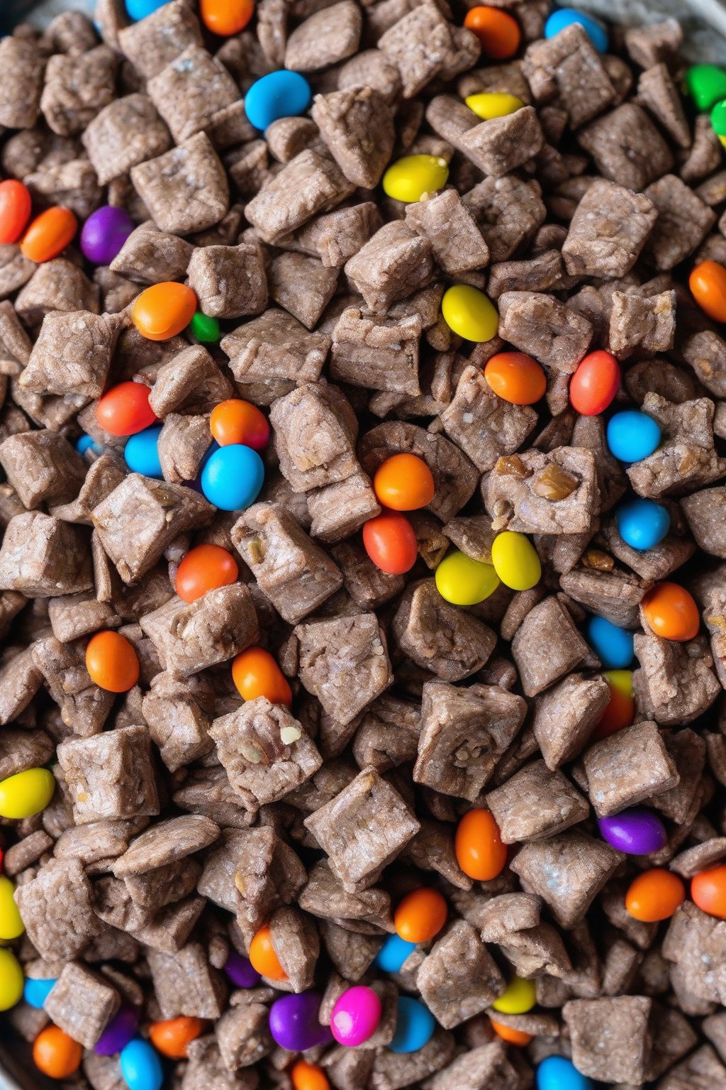 A high-resolution photo of Reese's Peanut Butter Cup Puppy Chow with visible candy chunks on a colorful tray under soft lighting.