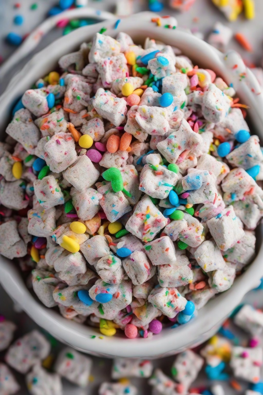 A high-resolution photo of Birthday Cake Puppy Chow bursting with rainbow sprinkles in a festive bowl under soft lighting.
