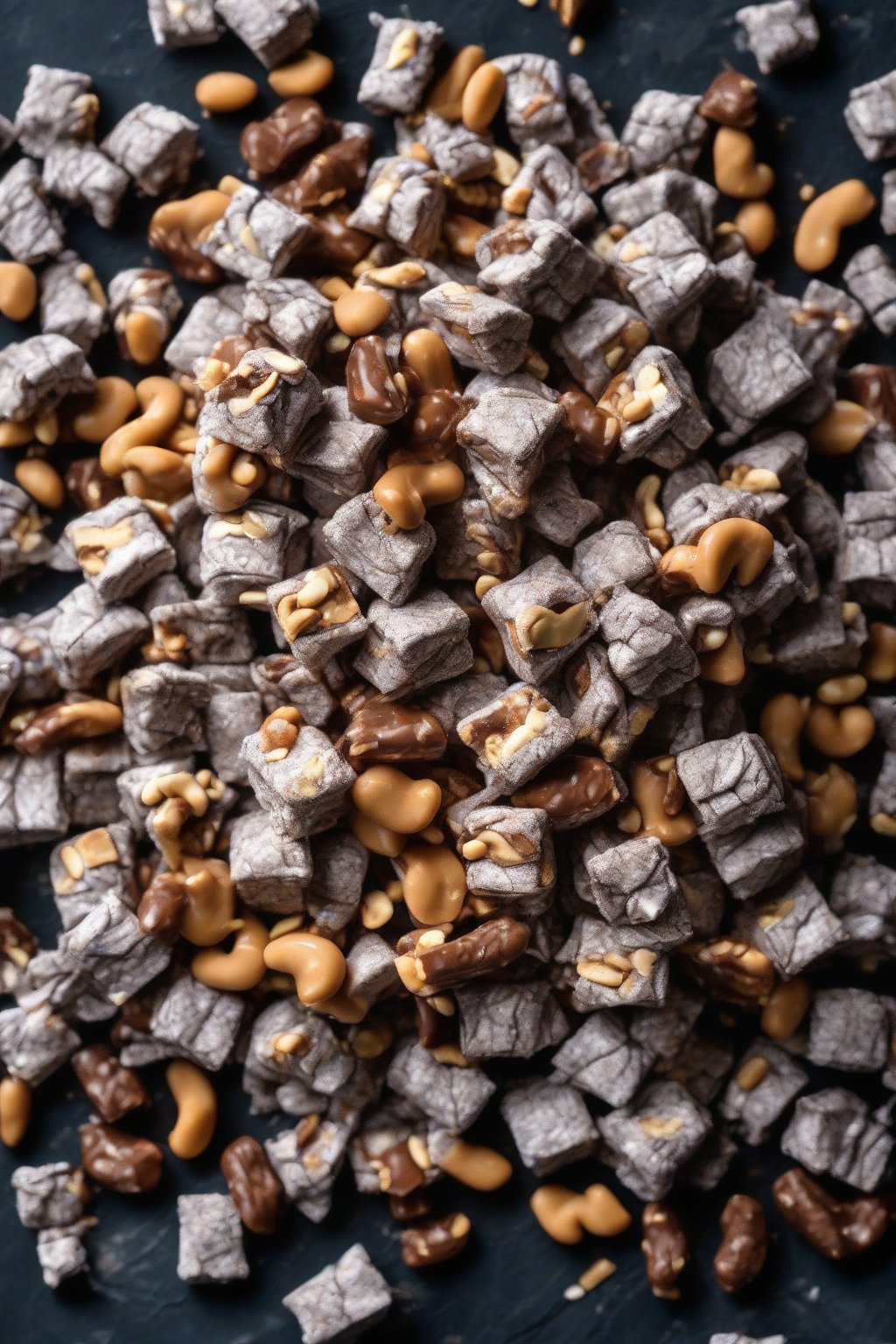A high-resolution photo of Snickers-Inspired Puppy Chow with peanuts and caramel drips on a dark slate board under soft lighting.
