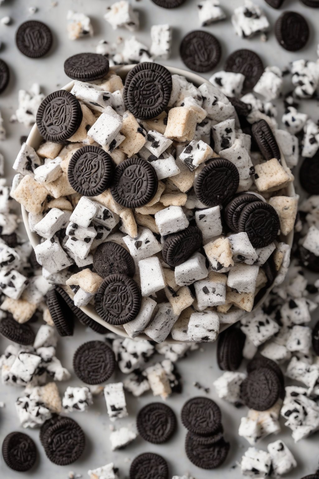 A high-resolution photo of Oreo Cookie Puppy Chow with black-and-white cookie pieces piled high under soft lighting.