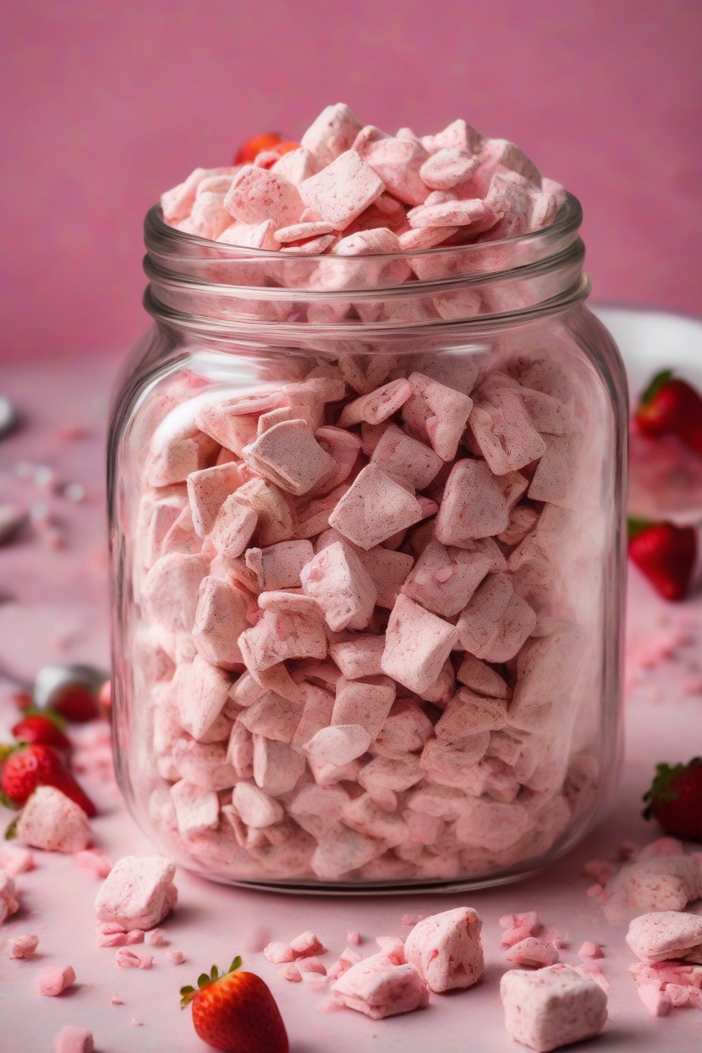 A high-resolution photo of Strawberry Shortcake Puppy Chow with pink hues and wafer bits in a glass jar under soft lighting.