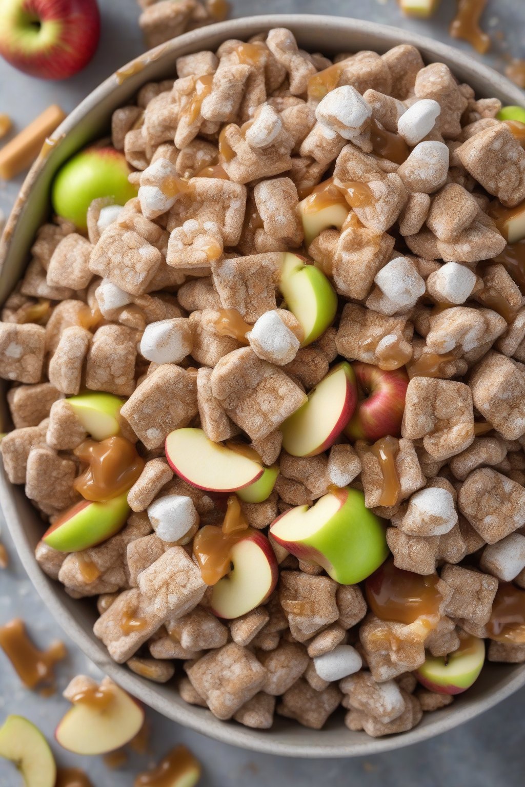 A high-resolution photo of Salted Caramel Apple Puppy Chow with apple slices and caramel flecks under soft lighting.