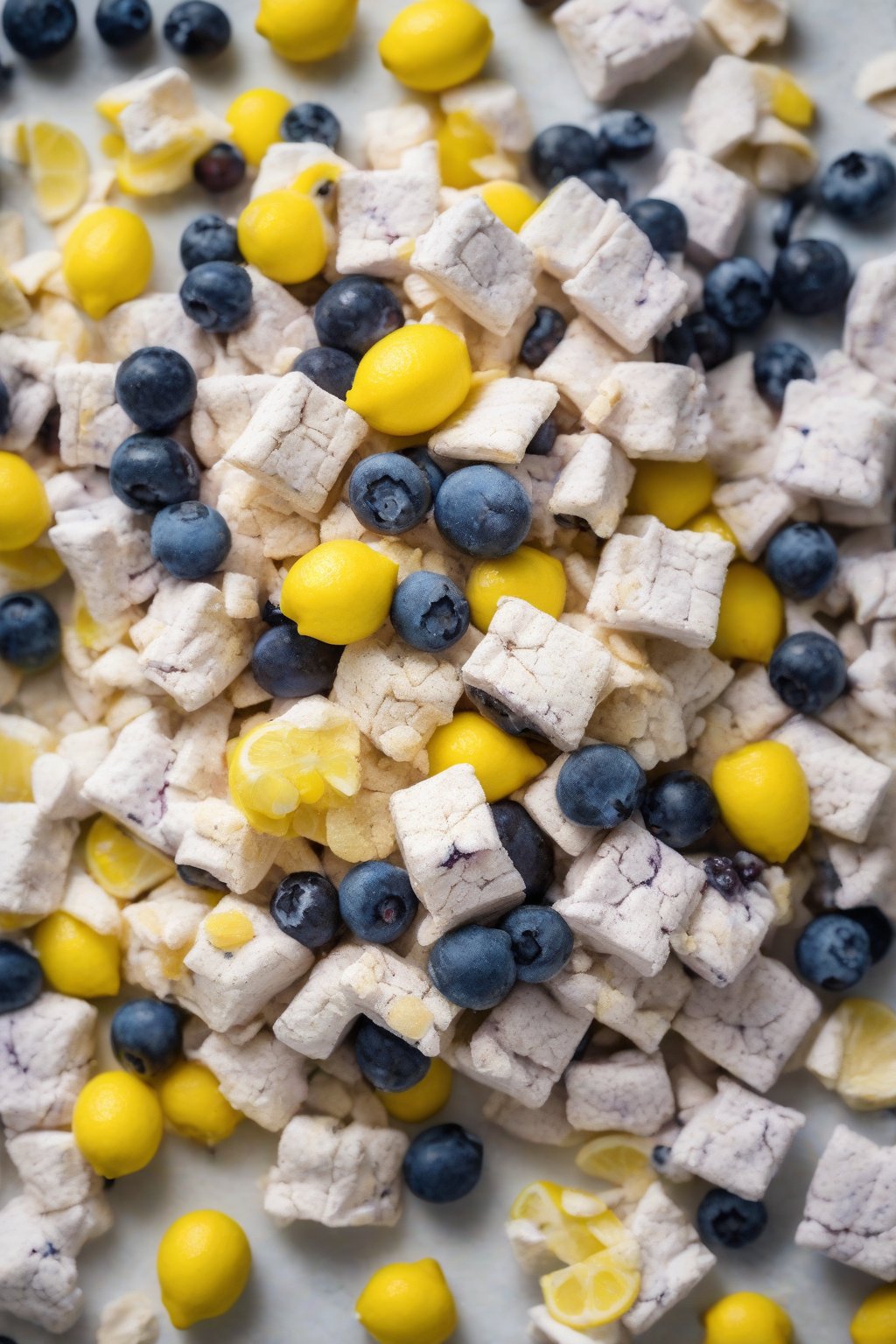 A high-resolution photo of Lemon Blueberry Puppy Chow with yellow tones and blue berries scattered on parchment under soft lighting.
