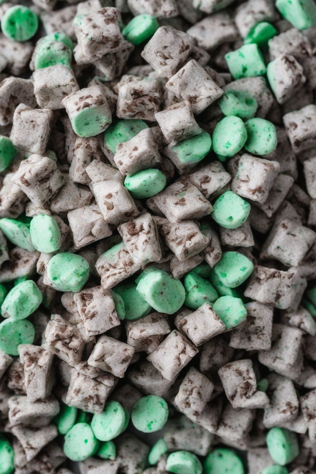 A high-resolution photo of Mint Chocolate Chip Puppy Chow with green mint flecks and chips under soft lighting.