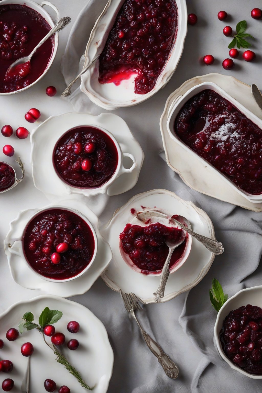 A high-resolution photo of classic tart cranberry sauce in a white dish, glossy red with whole berries, under soft lighting.