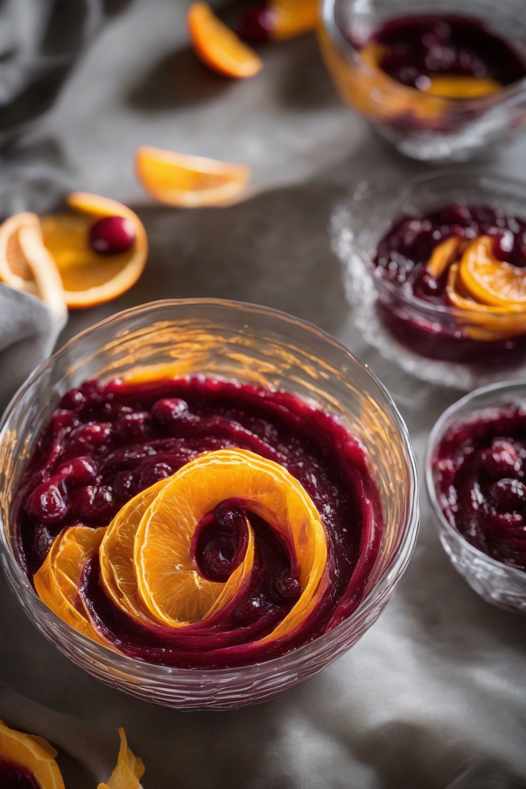 A high-resolution photo of orange zest tart cranberry sauce swirled with bright peels, served in a glass bowl, under soft lighting.