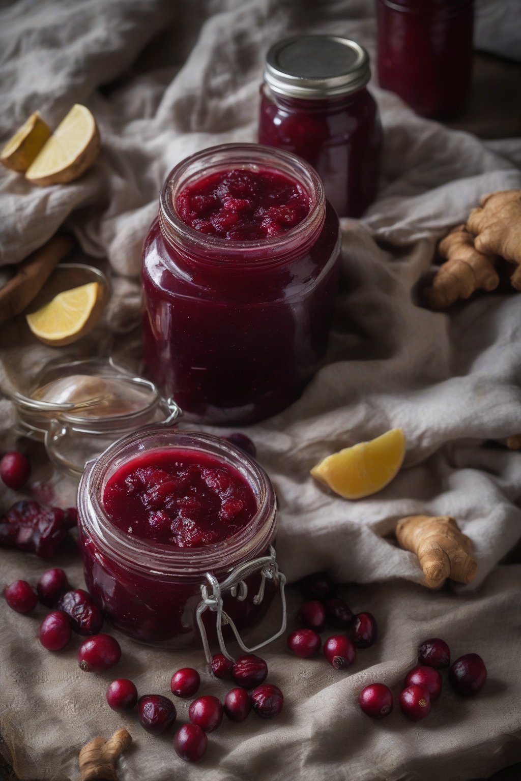 A high-resolution photo of ginger-spiced tart cranberry sauce with visible ginger flecks, in a rustic jar, under soft lighting.