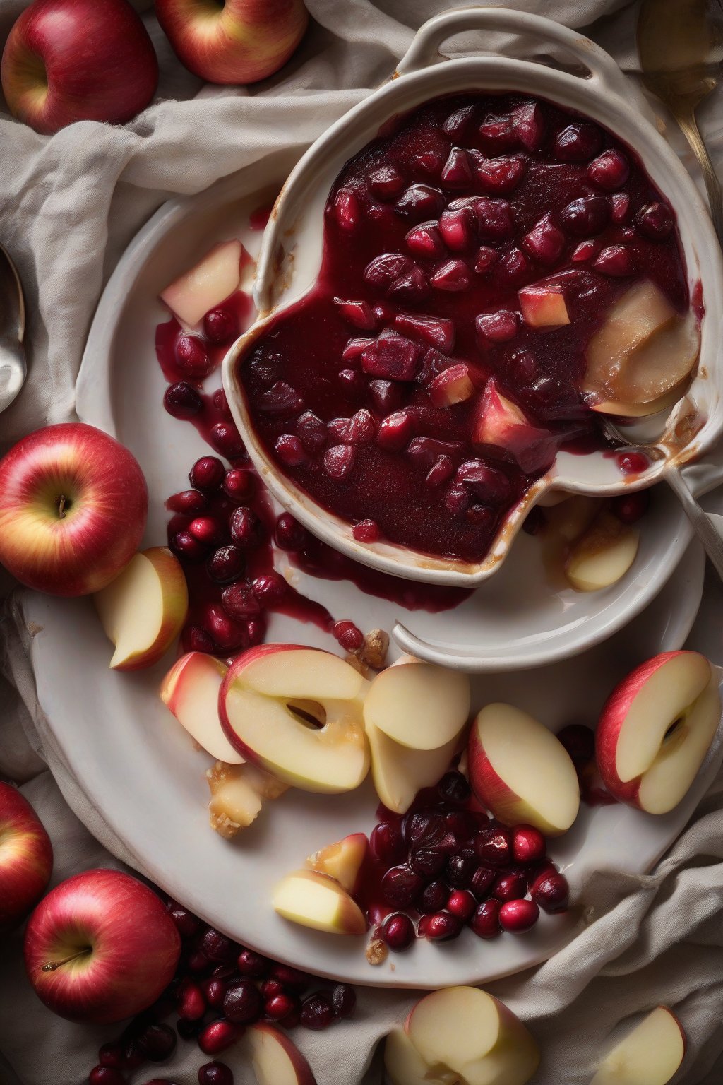 A high-resolution photo of apple-cranberry tart sauce with apple chunks, in a ceramic dish, under soft lighting.