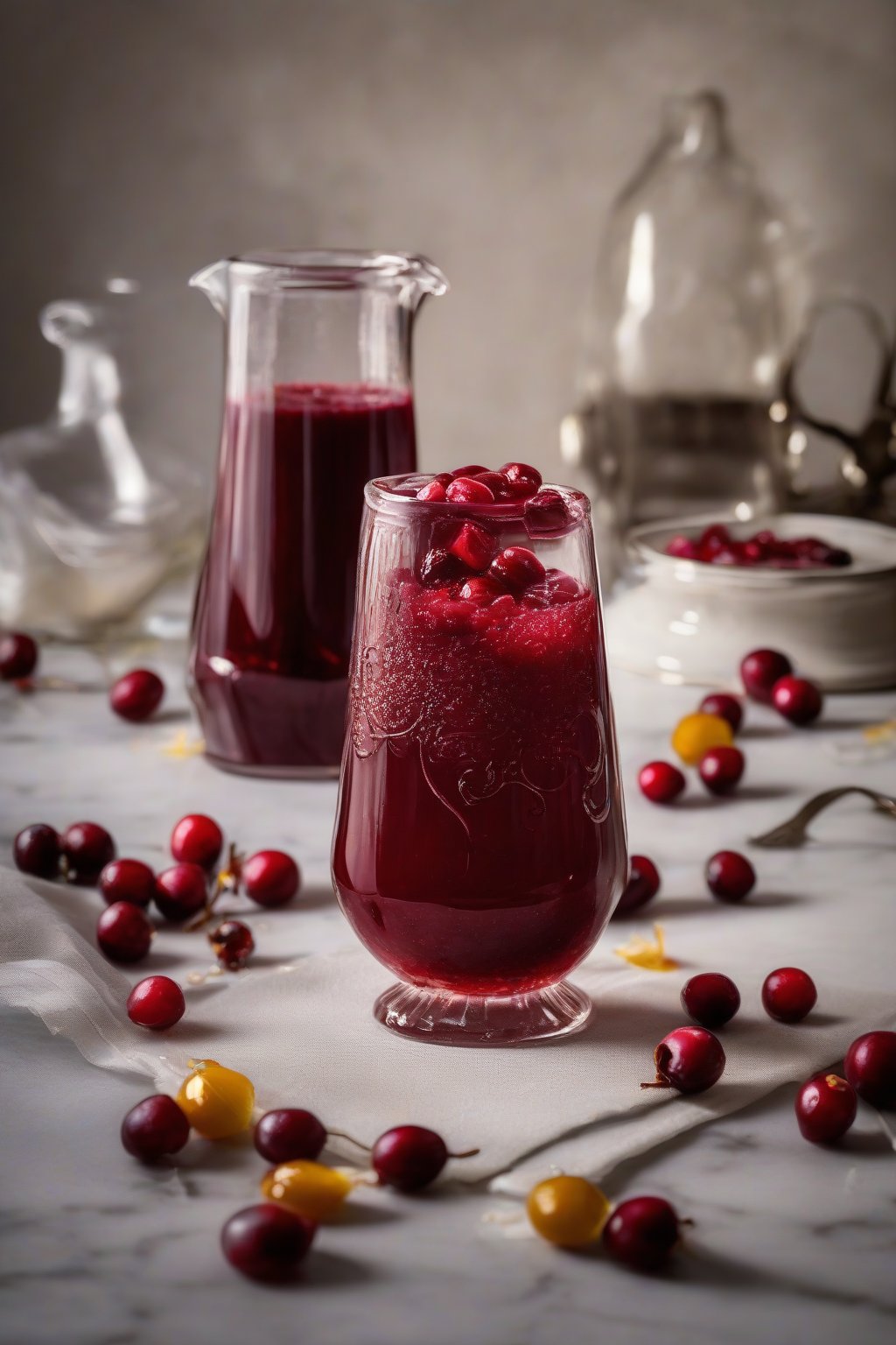 A high-resolution photo of bourbon-infused tart cranberry sauce glistening in a decanter-style glass, under soft lighting.