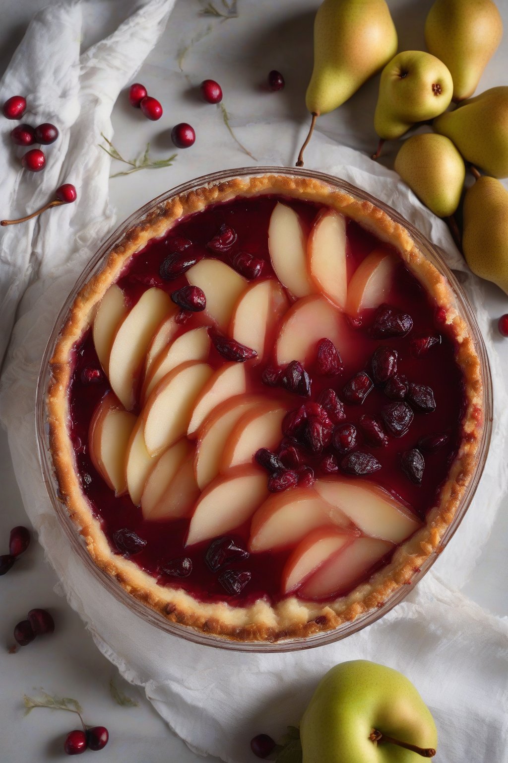 A high-resolution photo of pear and cranberry tart compote with pear slices peeking through, in an elegant bowl, under soft lighting.