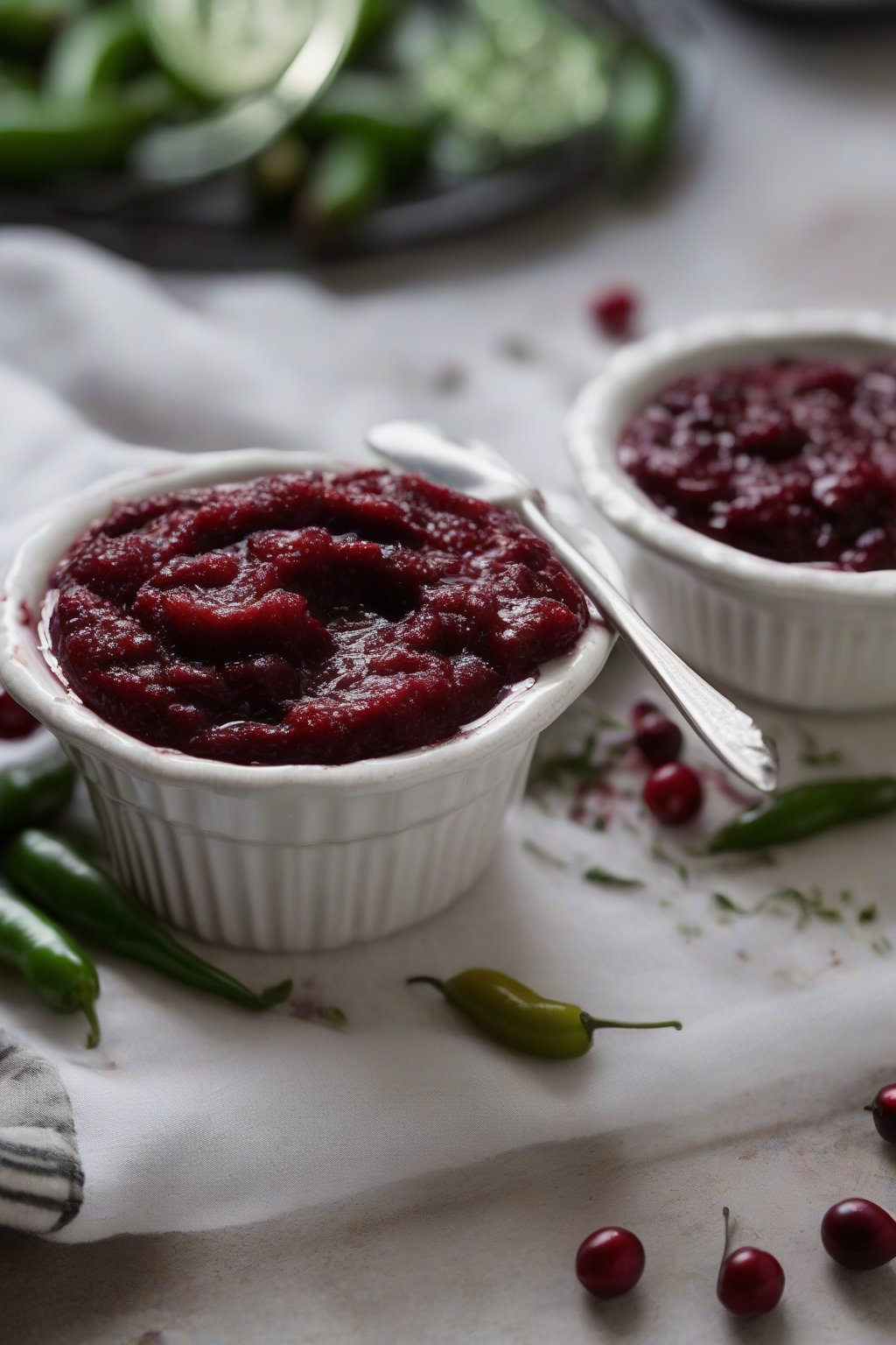 A high-resolution photo of jalapeño kick tart cranberry sauce with green flecks, in a small ramekin, under soft lighting.