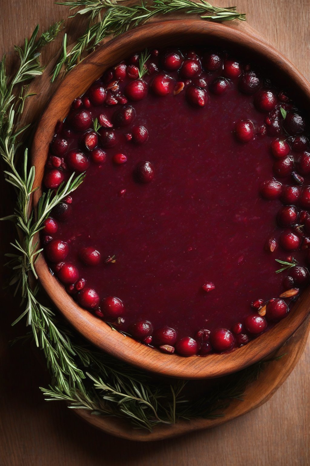 A high-resolution photo of rosemary-thyme tart cranberry sauce garnished with herb sprigs, in a wooden bowl, under soft lighting.