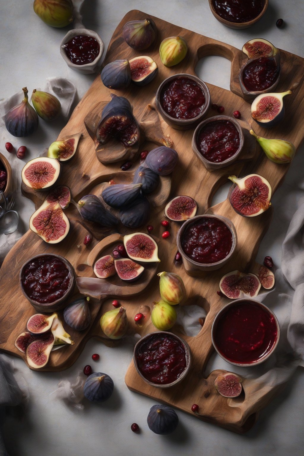 A high-resolution photo of fig and cranberry tart sauce studded with figs, served on a charcuterie board, under soft lighting.