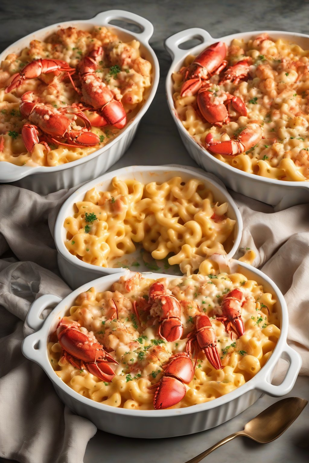 A high-resolution photo of lobster mac and cheese with chunks of lobster in a bubbly casserole under soft lighting.