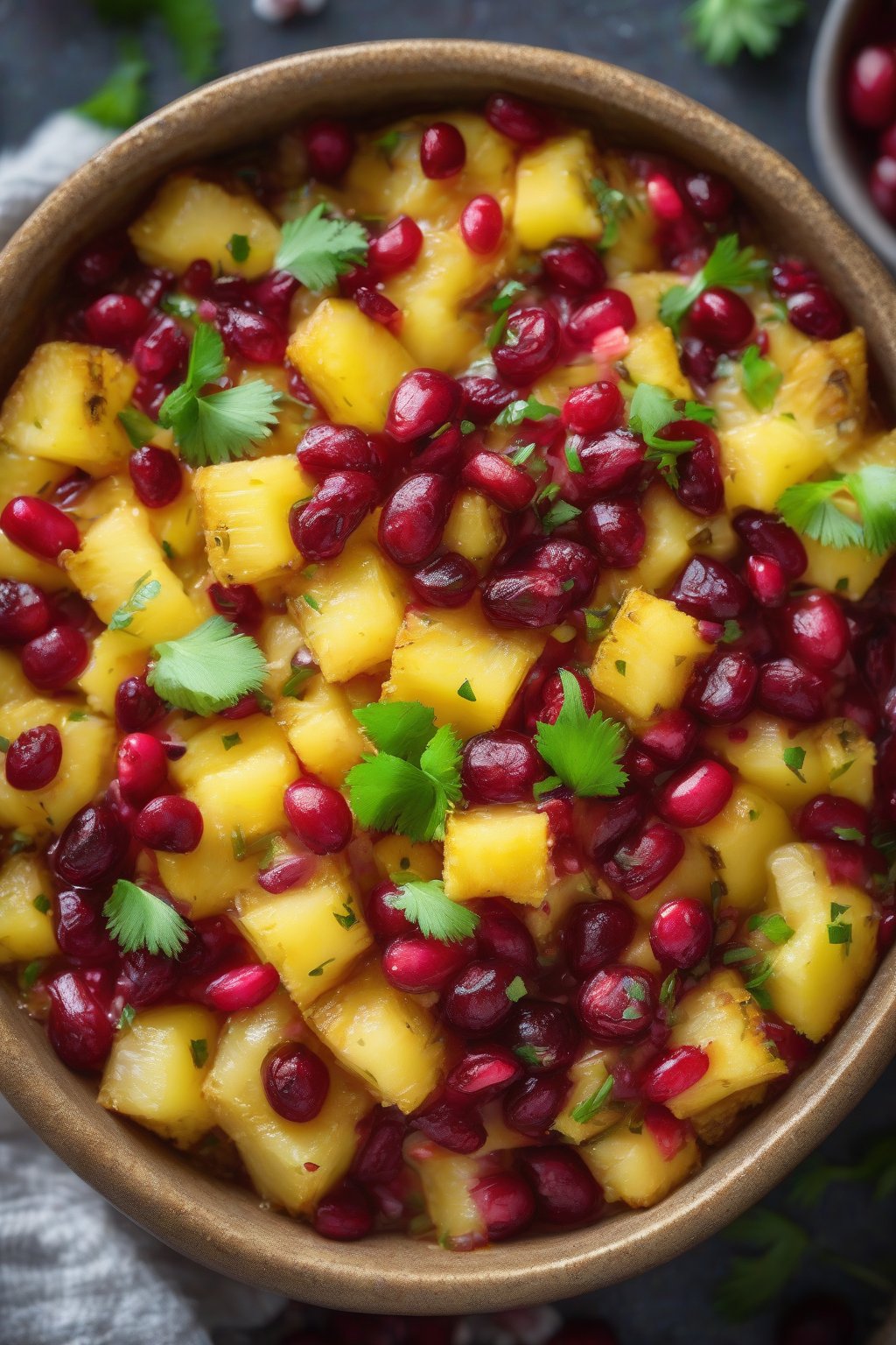 A high-resolution photo of pineapple-cranberry tart salsa with pineapple chunks, in a vibrant bowl, under soft lighting.