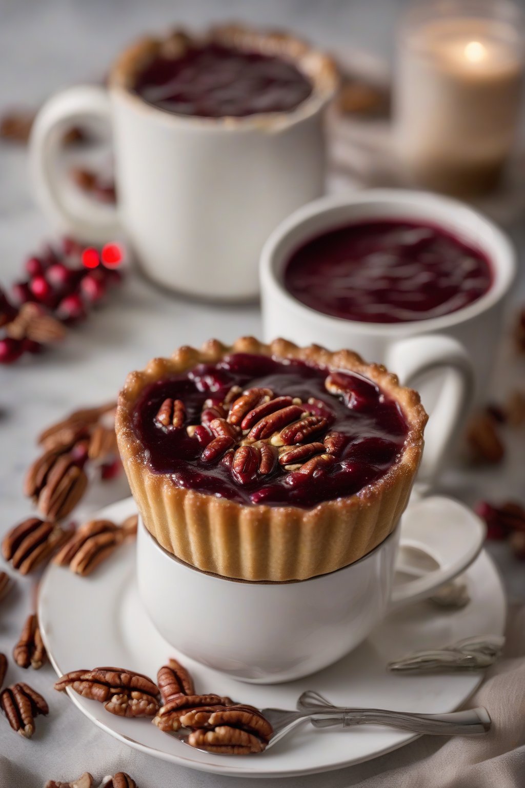 A high-resolution photo of maple pecan tart cranberry sauce topped with pecans, in a holiday mug, under soft lighting.