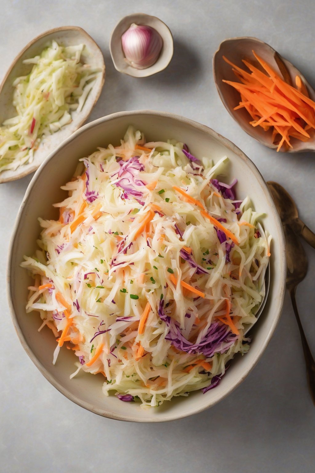 A high-resolution photo of a bowl of vibrant classic vinegar coleslaw with shredded cabbage, carrots, and onion glistening under soft lighting.