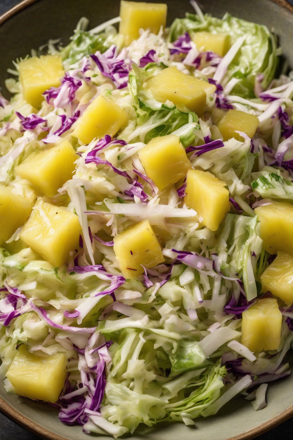 A high-resolution photo of pineapple tangy coleslaw bursting with yellow pineapple chunks amid green cabbage under soft lighting.