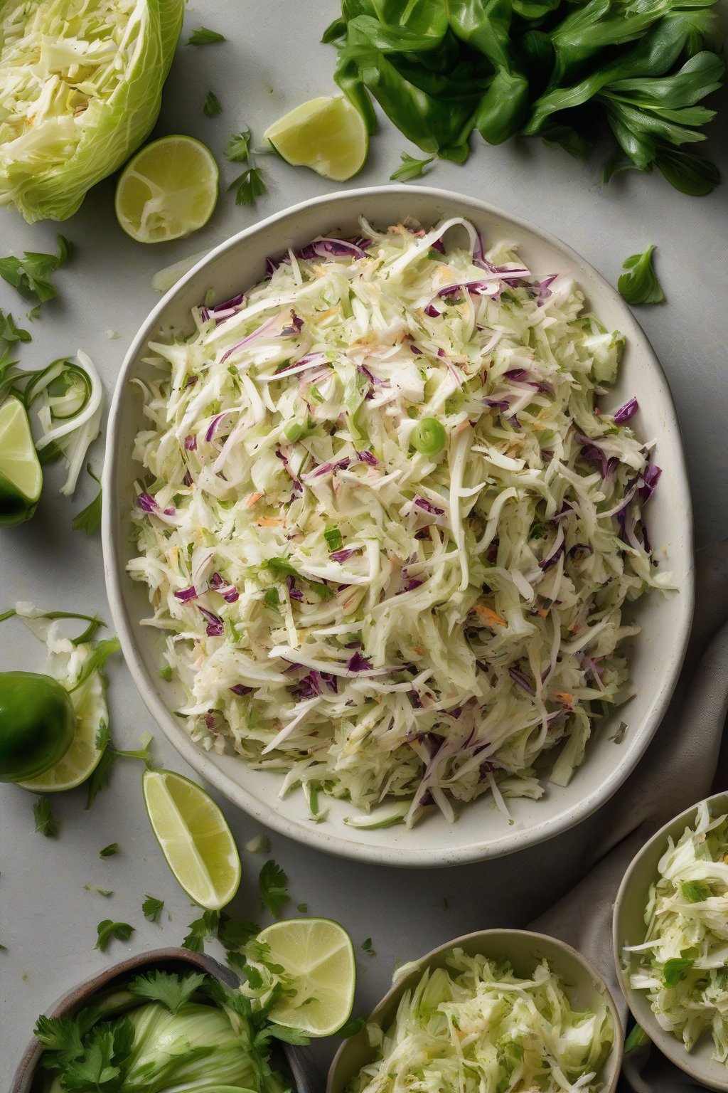 A high-resolution photo of jalapeño lime coleslaw with green flecks of spice in crisp cabbage under soft lighting.