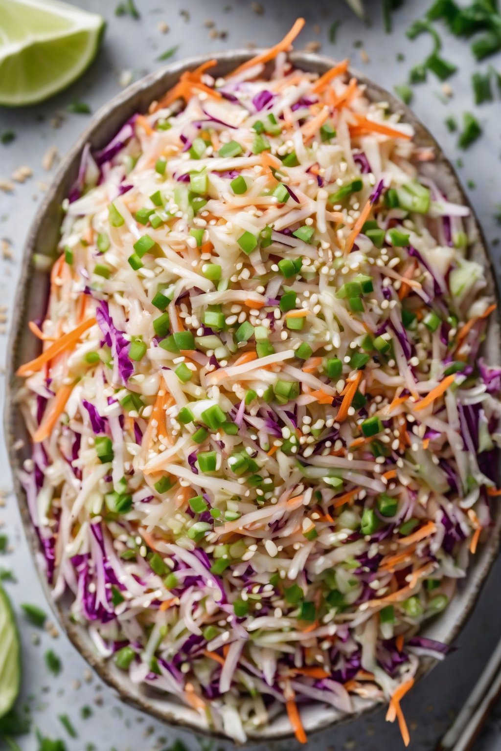 A high-resolution photo of Asian sesame coleslaw topped with sesame seeds and scallions under soft lighting.