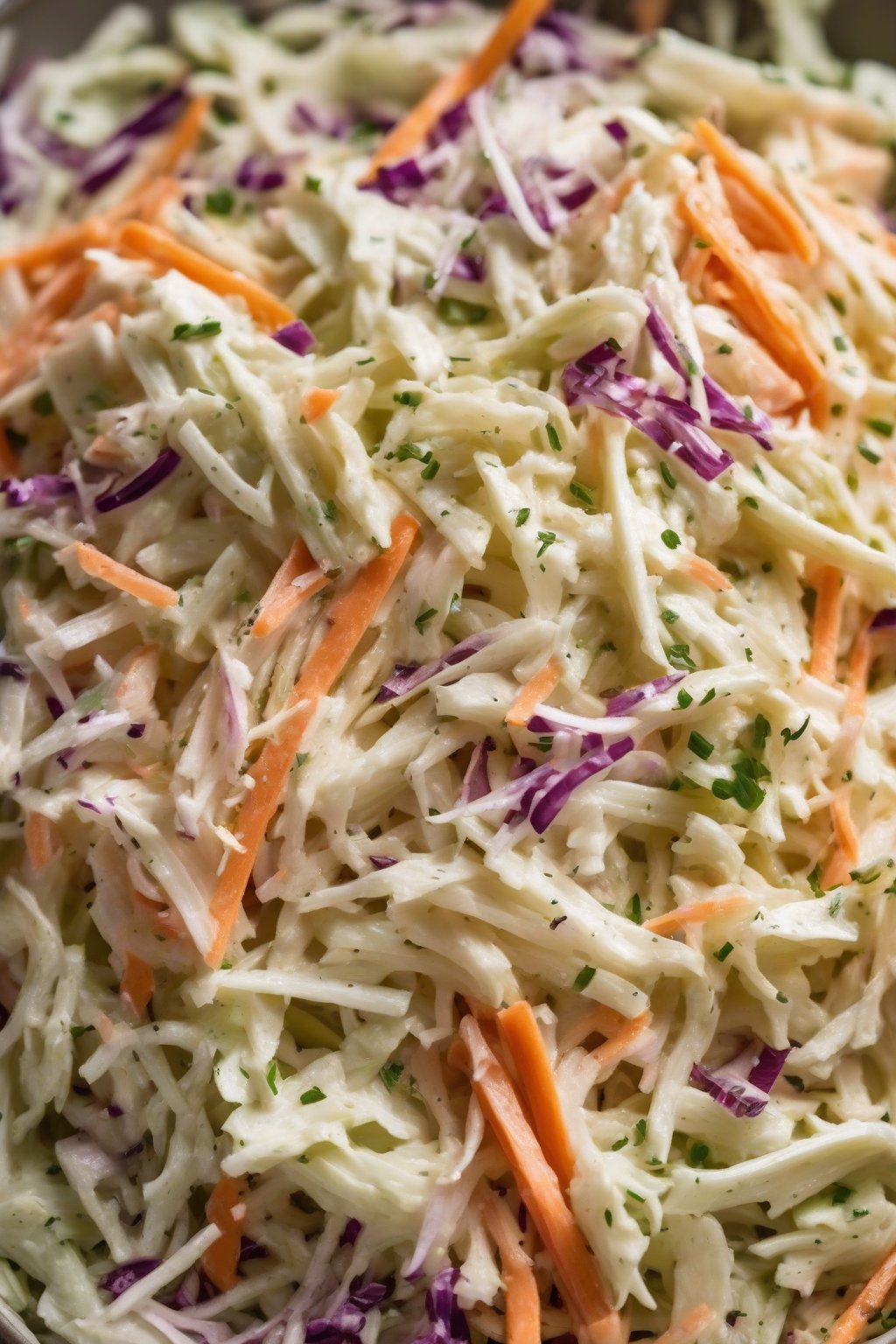 A high-resolution photo of creamy mustard coleslaw with golden specks in shredded veggies under soft lighting.