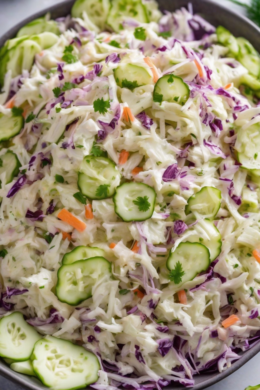 A high-resolution photo of dill pickle coleslaw with pickle chunks amid crisp cabbage under soft lighting.