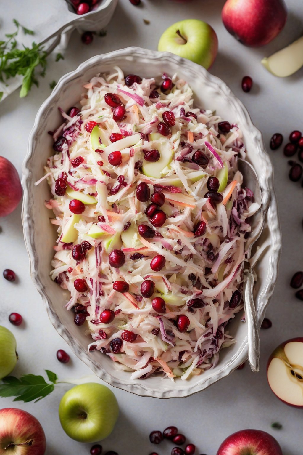 A high-resolution photo of cranberry apple coleslaw with red berries and apple slices under soft lighting.