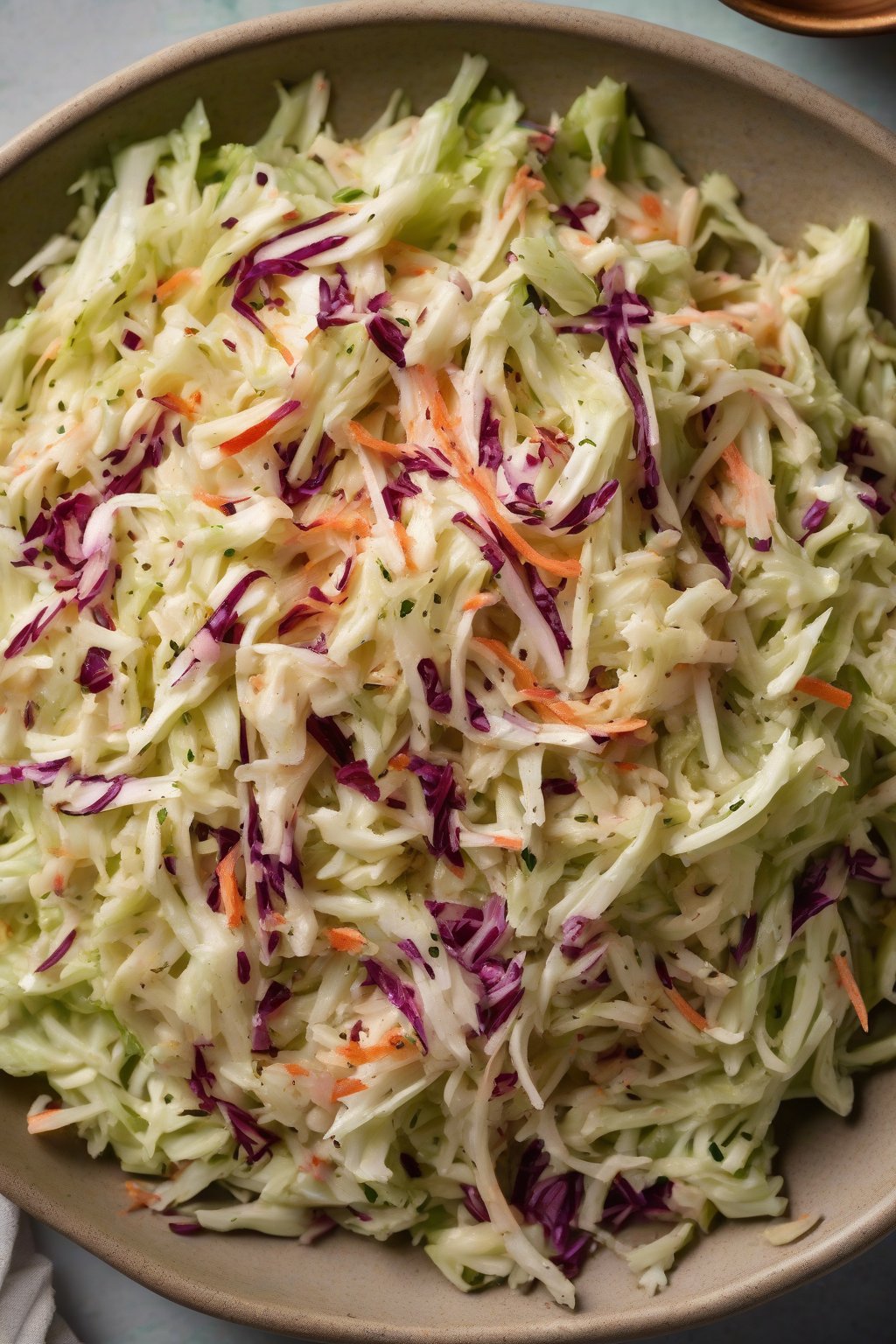 A high-resolution photo of chipotle tangy coleslaw with smoky red flecks in green cabbage under soft lighting.