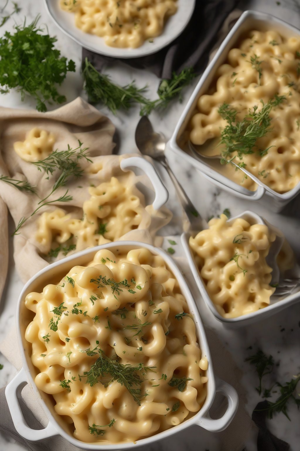A high-resolution photo of truffle-infused mac and cheese garnished with herbs under soft lighting.