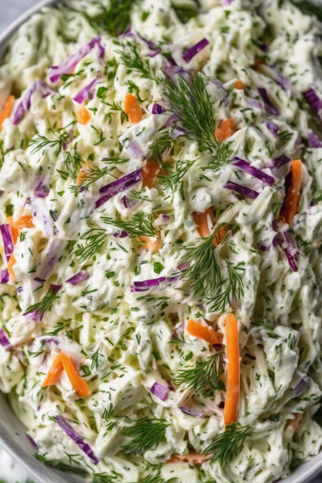 A high-resolution photo of Greek yogurt herb coleslaw garnished with fresh dill under soft lighting.