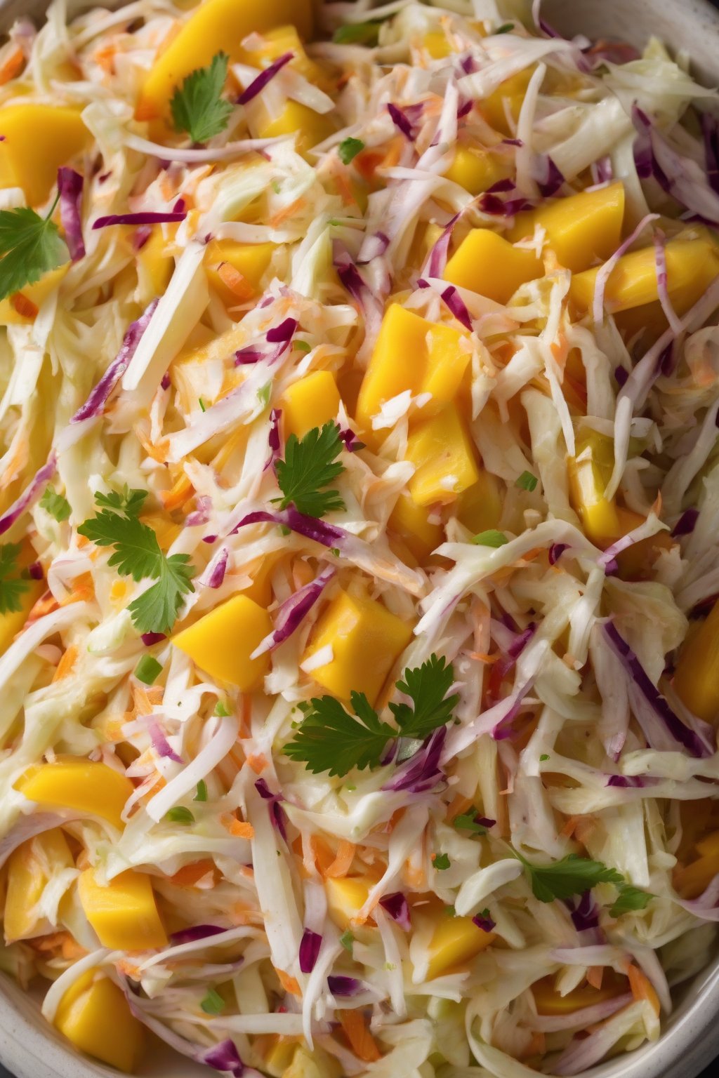 A high-resolution photo of mango habanero coleslaw with orange mango pieces and spice under soft lighting.