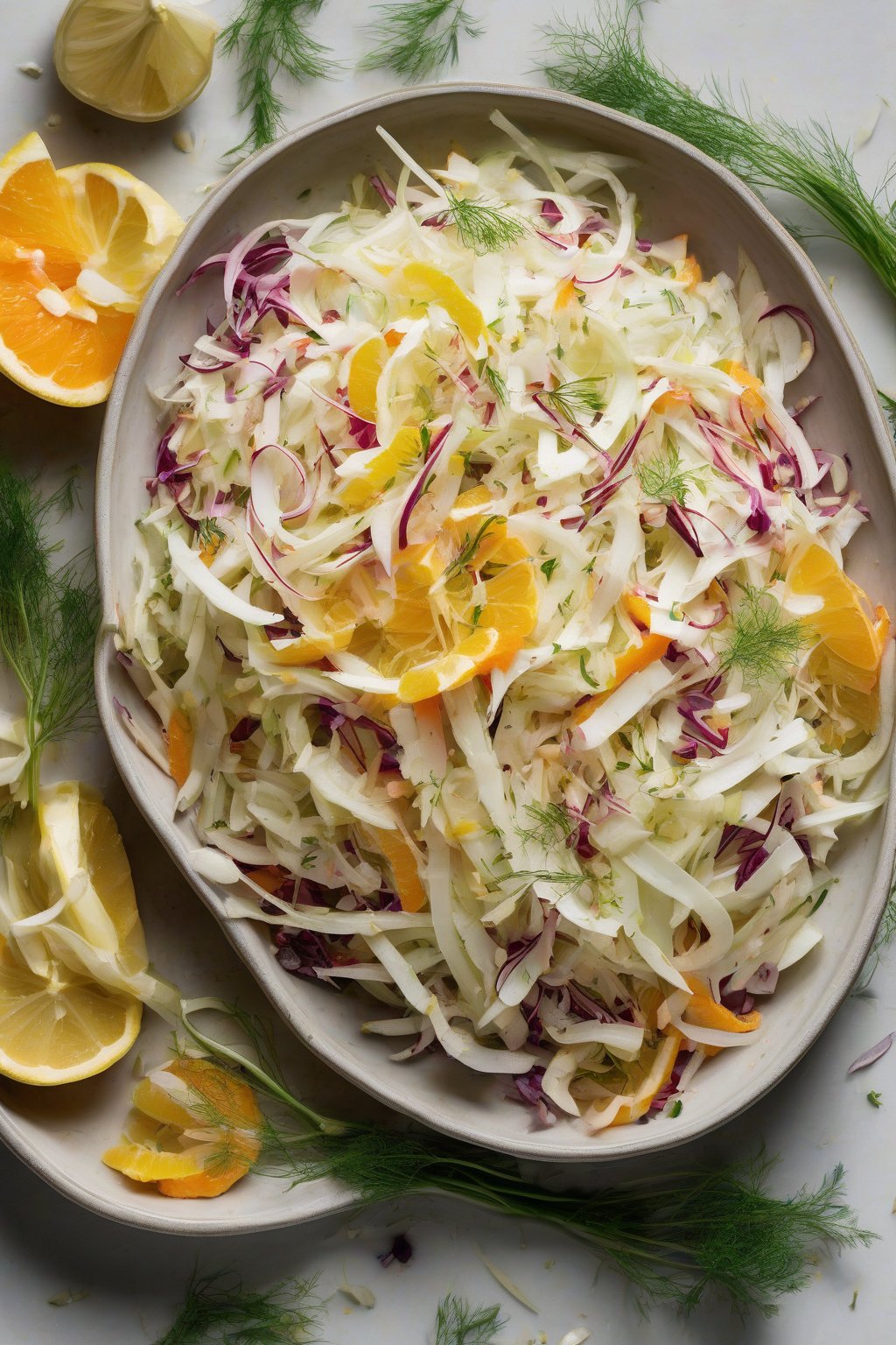 A high-resolution photo of fennel citrus coleslaw with white fennel slices and citrus zest under soft lighting.