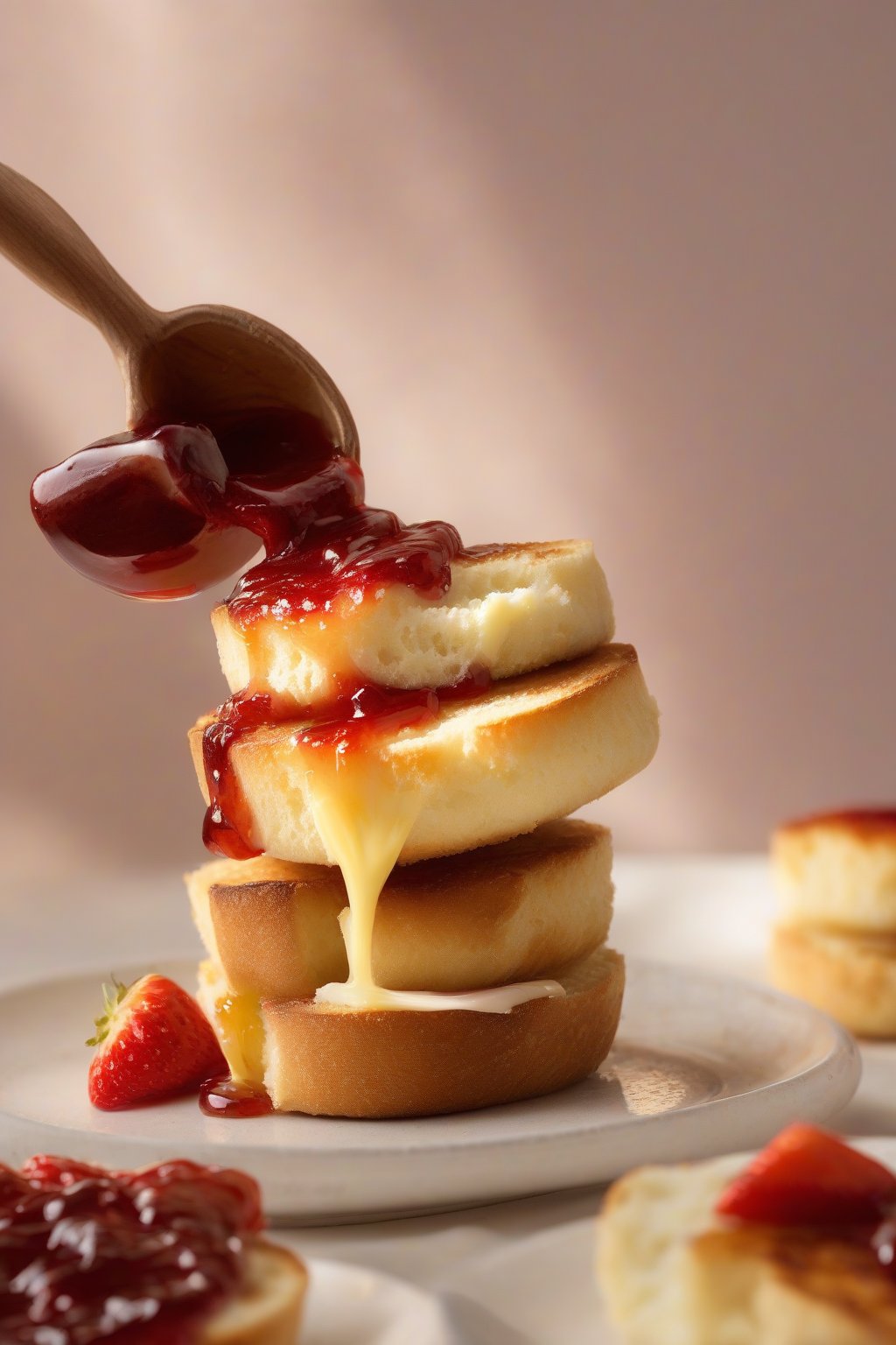 A high-resolution photo of a split toasted English muffin topped with melting butter and vibrant strawberry jam under soft lighting.