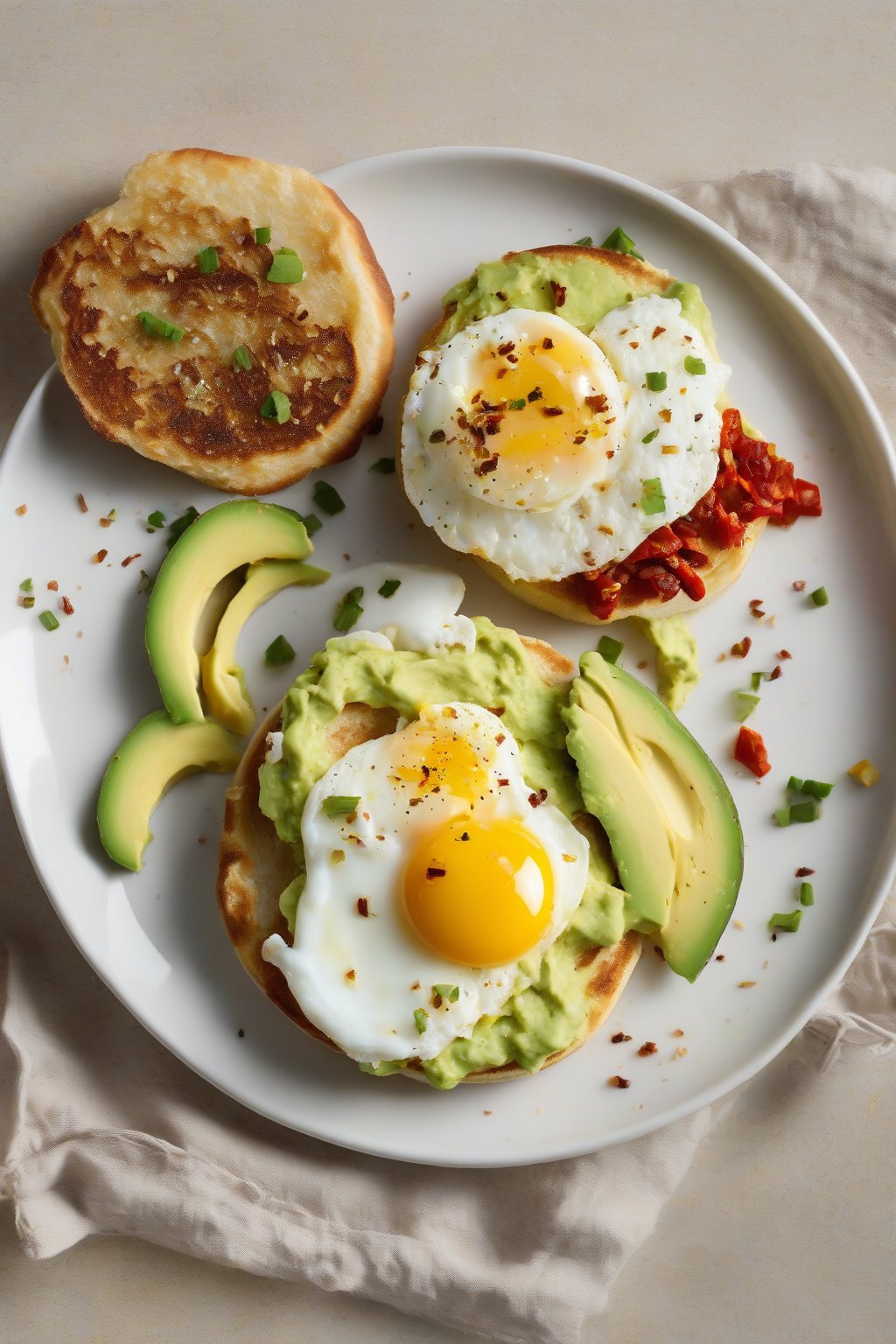 A high-resolution photo of a toasted English muffin topped with creamy mashed avocado, a sunny-side-up egg, and chili flakes under soft lighting.
