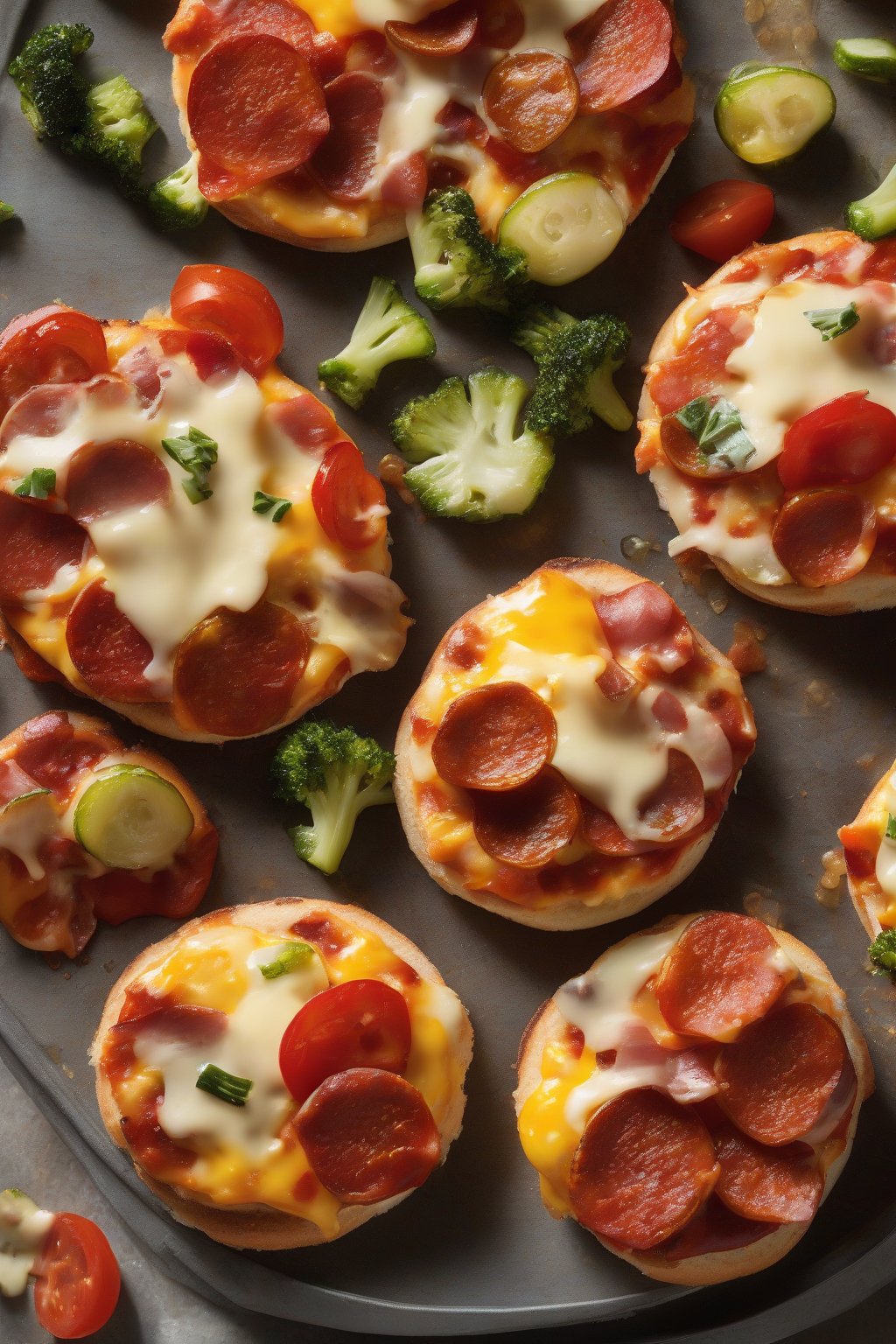 A high-resolution photo of mini toasted English muffin pizzas with melted cheese, pepperoni, and colorful veggies under soft lighting.