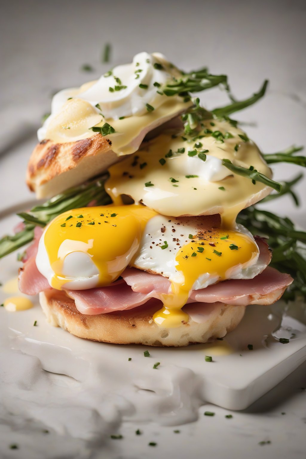 A high-resolution photo of a toasted English muffin stacked with poached egg, ham, and glossy hollandaise sauce under soft lighting.