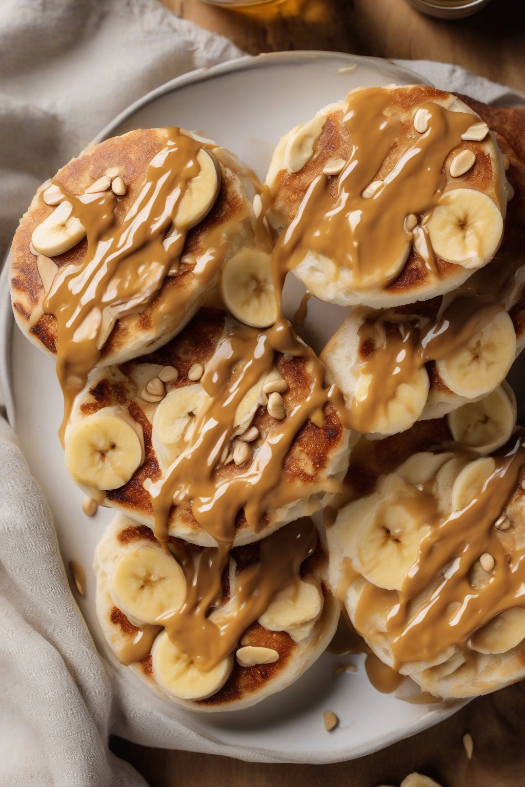 A high-resolution photo of a toasted English muffin slathered in peanut butter with banana slices and honey drizzle under soft lighting.